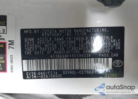 2009 Toyota Camry Se V6 from USA, damaged, VIN 4T1BK46K49U596038